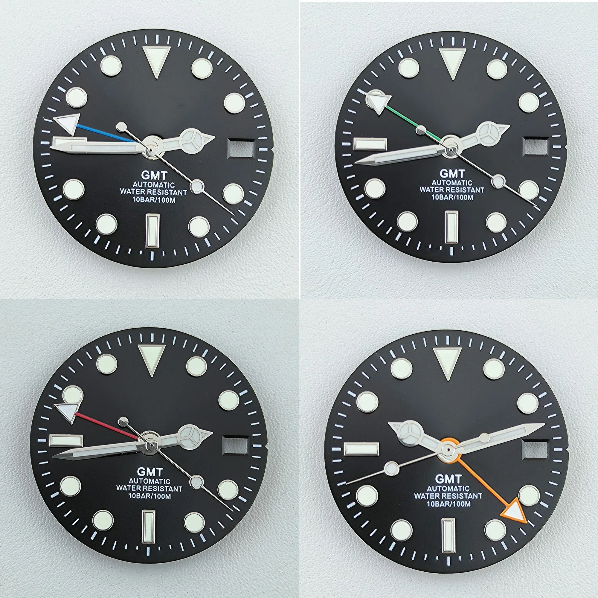 GMT NH34 무브먼트 모드 다이얼 교체 부품, 4 손 녹색 발광 시계 다이얼 페이스, NH35 NH34 다이얼 포인터