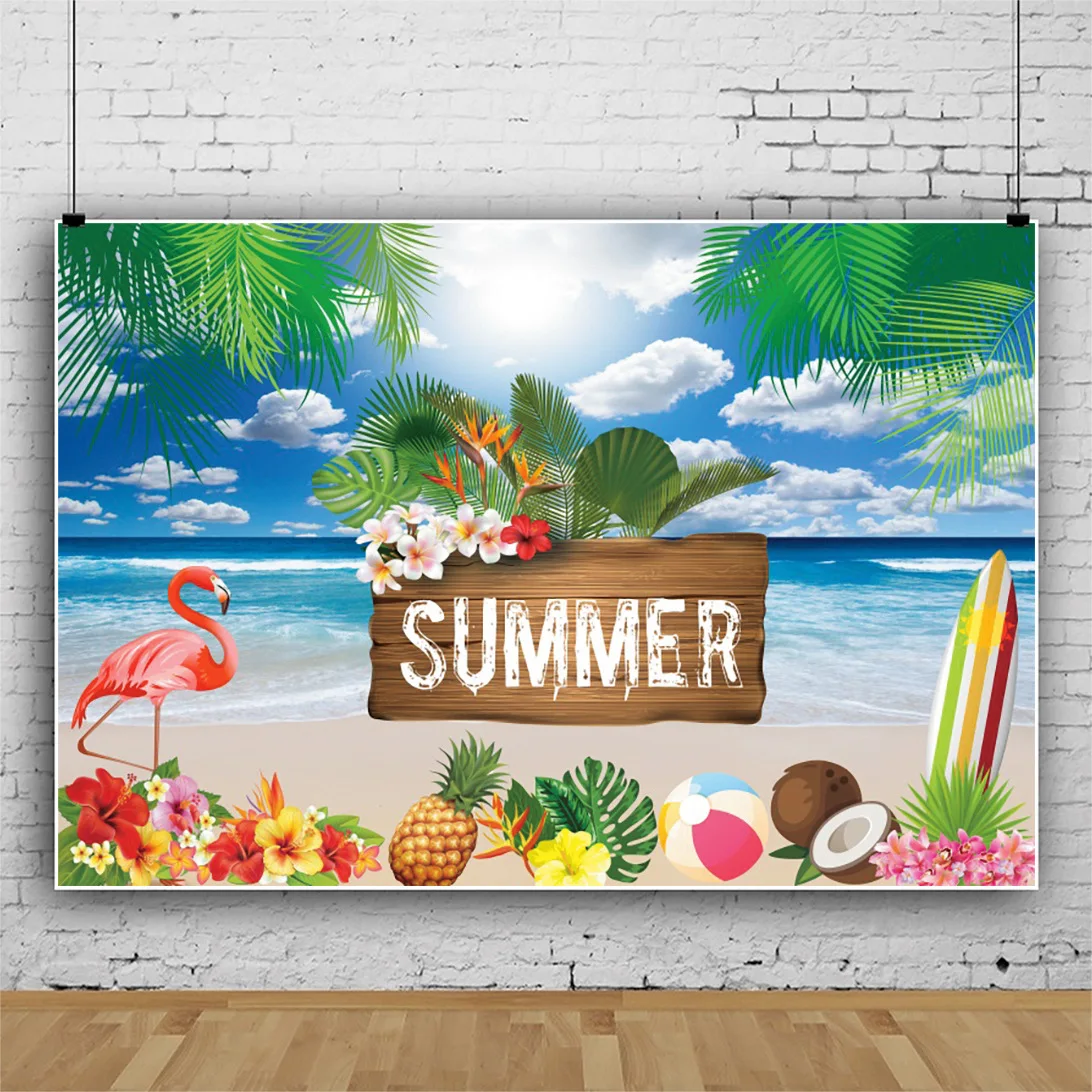 thumbnail image 1 of Fondo de fotografía de verano con flores tropicales, Aloha, Luau, mar, tabla de surf, fiesta de vacaciones, cumpleaños, accesorios de decoración, 1 of 5