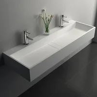 Modern Wall Mount Bathroom Sink Matte White Stone Resin Floating Vanity Sink 47" Double Bowl Trough Sink 1