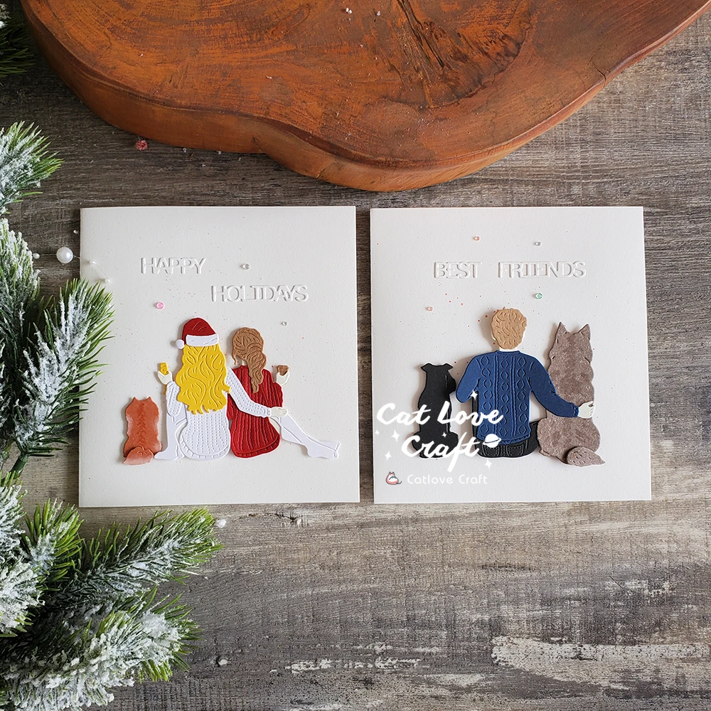 Catlove 크리스마스 소년 소녀 개 고양이 뒤로보기 금속 절단 다이 스크랩북 스텐실 컷 카드 만들기 공예 엠보싱 새로운 다이