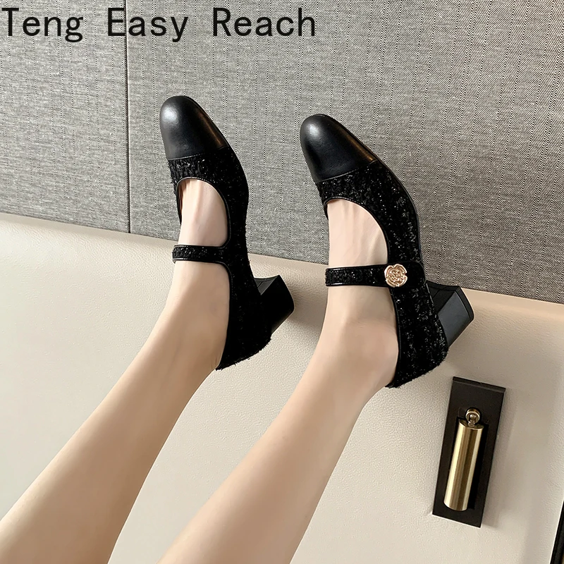 2024 Women Pumps Genuine Leather Square Toe Buckle Strap Shoes Woman Thick Heels Spring Summer Basic Working Office Lady