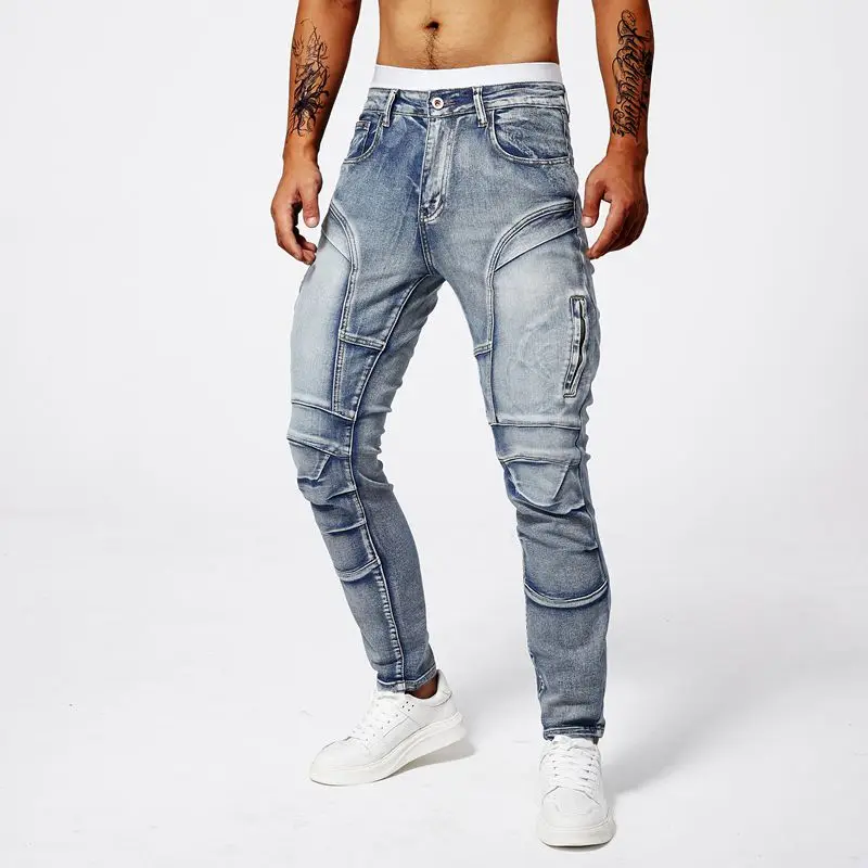 Two tone distressed patchwork jeans for men trendy jeans for summer thin straight leg pants slim fit small leg distressed jeans 3
