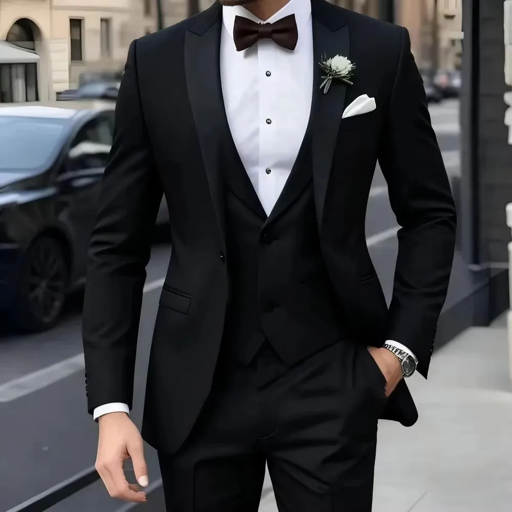Solid Color Men's Fashion 3-Piece Tuxedo Set with Peak Lapel Blazer Vest Pants for Wedding Business Formal Groom Tuxedos