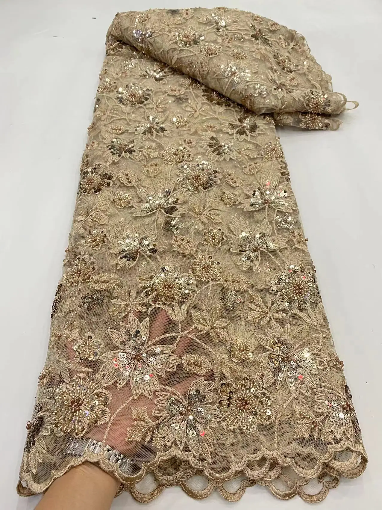 

Gold African Sequins Lace Fabric 2022 High Quality French Handmade Pearl With Beads Mesh Fabric Nigerian For Wedding Dress Sew