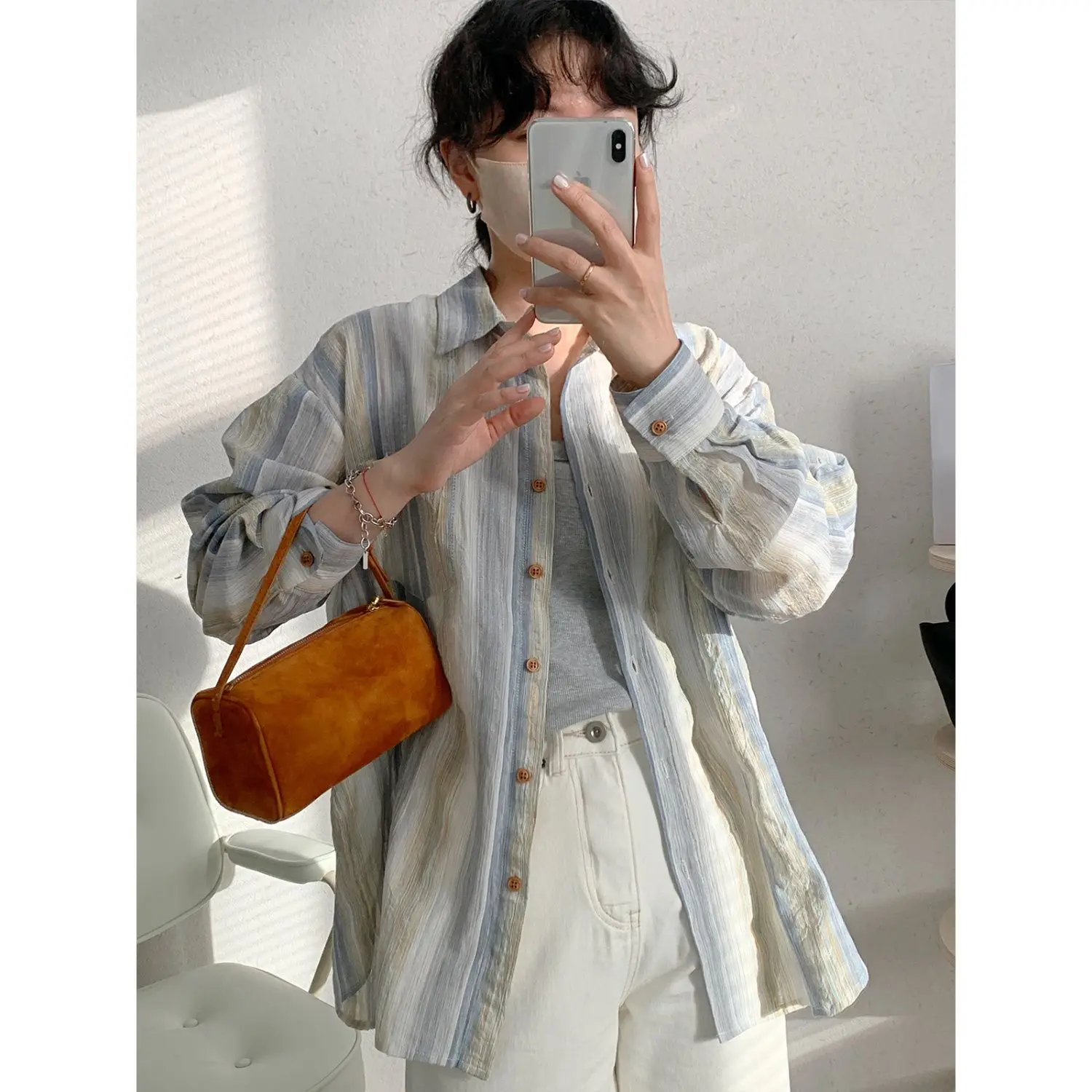 Women'S Summer Thin Long Sleeve Blouses Vintage Loose Turn Down Collar Single Breasted Casual Sun Protection Striped Shirt