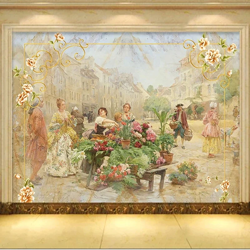 Photo Wallpaper 3d wallpaper mural wall covering wallpaper canvas painting wallpaper jewelry photo wallpaper European Style Marble Street Flower Landscape 3D Mural Living Room Background Wall Cloth Creative Decor