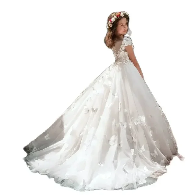 Elegant White Flower Girl Dresses For Wedding Tulle Butterfly 3d Applique Kids Birthday Party Pageant Dress First Communion Gown 6