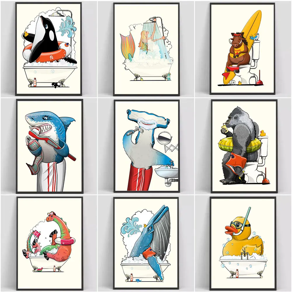 

British Celebrities People Dinosaur in Bathroom Poster Wall Art Canvas Prints Figure Animal Painting Kids Room Toilet Home Decor