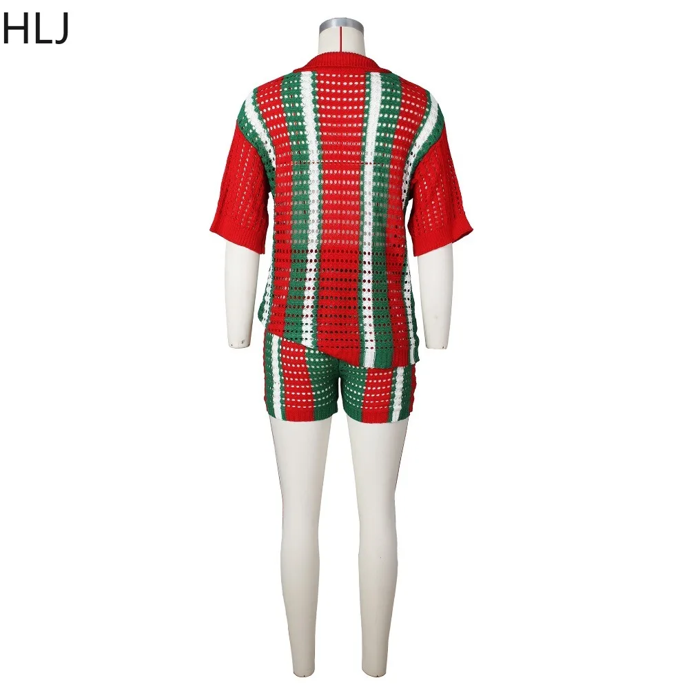 HLJ Fashion Hollow Striped Knitting Two Piece Sets Women V Neck Short Sleeve Button Top And Shorts Outfit Female 2pcs Streetwear