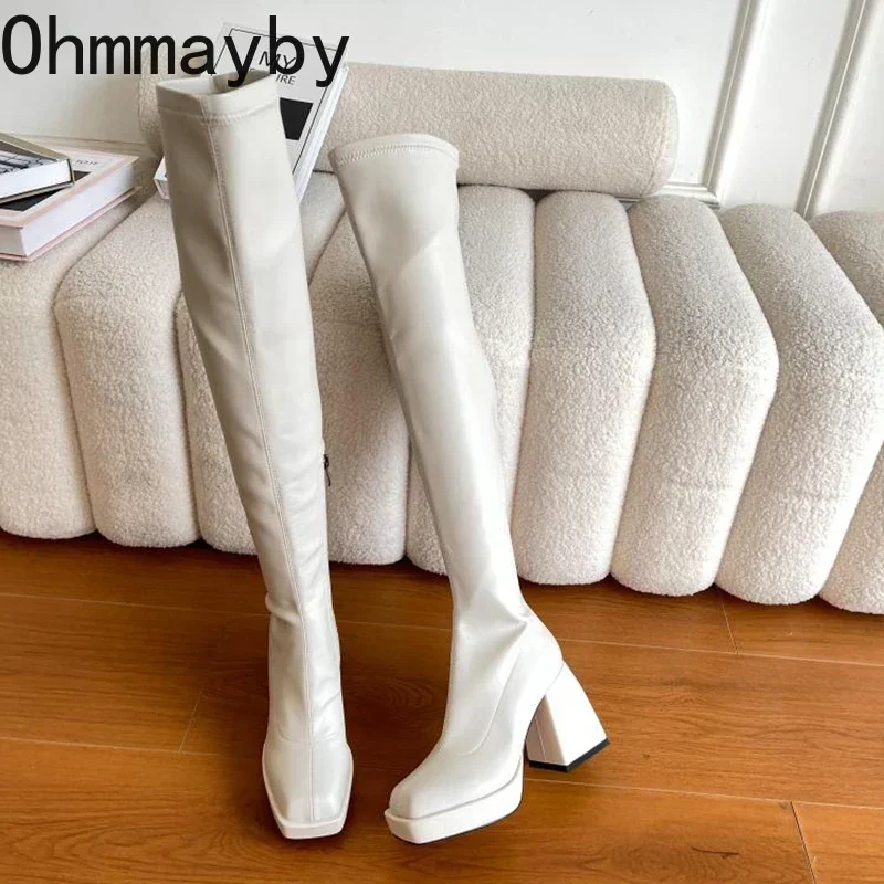 Winter Over The Knee High Boots Fashion Side Zippers Square High Heel Long Boots Ladies Elegant Mordern