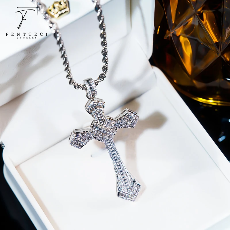 925 Sterling Silver European And American Cross Necklace For Men And Women With Trapezoidal Square Diamonds