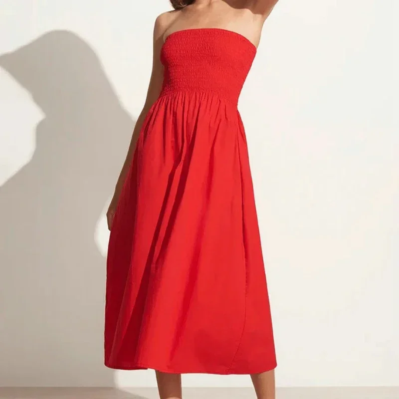 

2023 Summer New Solid Color Tube Top Sexy Elastic Slim Women Mid-length Dress
