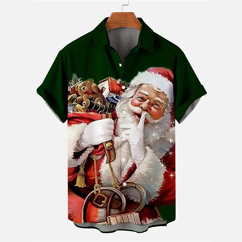 Christmas casual men's short-sleeved shirt New Year's handsome lapel top comfortable loose casual men's shirt Christmas shirt