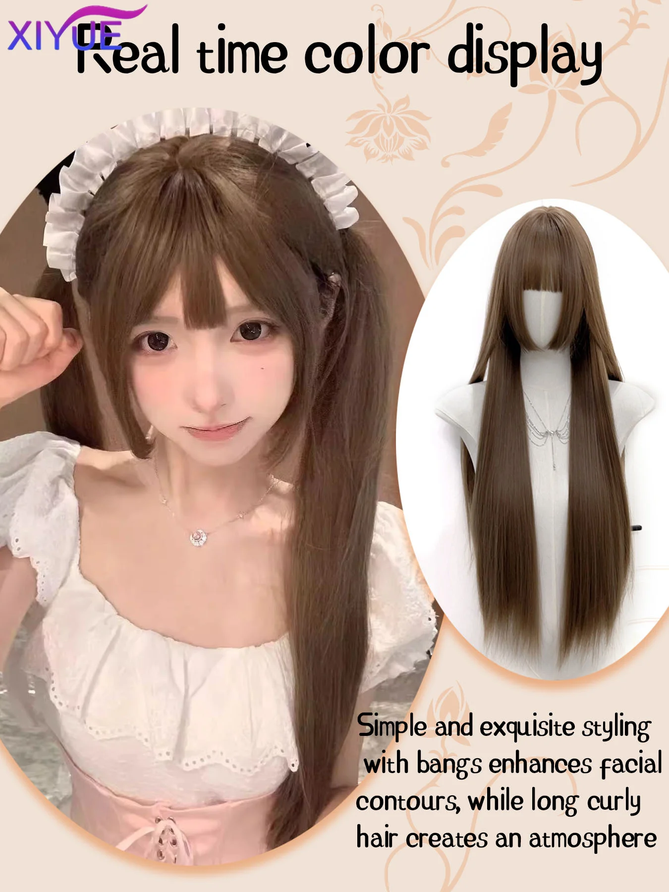 32Inch Honey Tea Flax Synthetic Wigs With Bang Long Natural Straight Hair Wig for Women Hime Cut Cosplay Heat Resistant