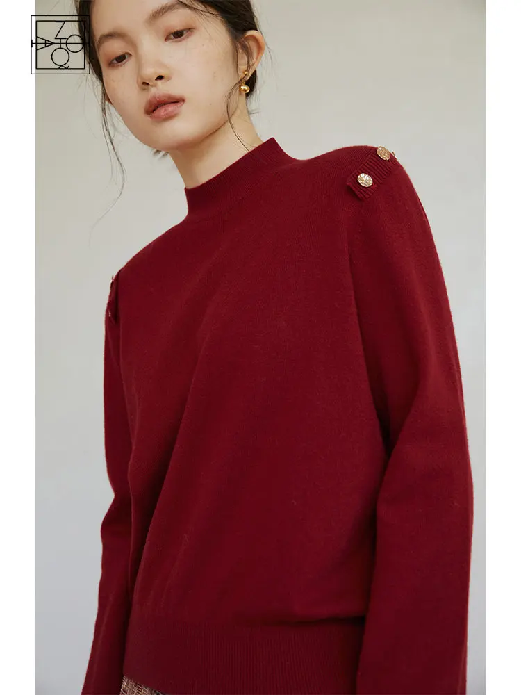 

ZIQIAO 100% Sheep Wool Red Sweater for Women Thickened Autumn Winter New All-match High-end Top Bottoming Shirt Women's Pullover