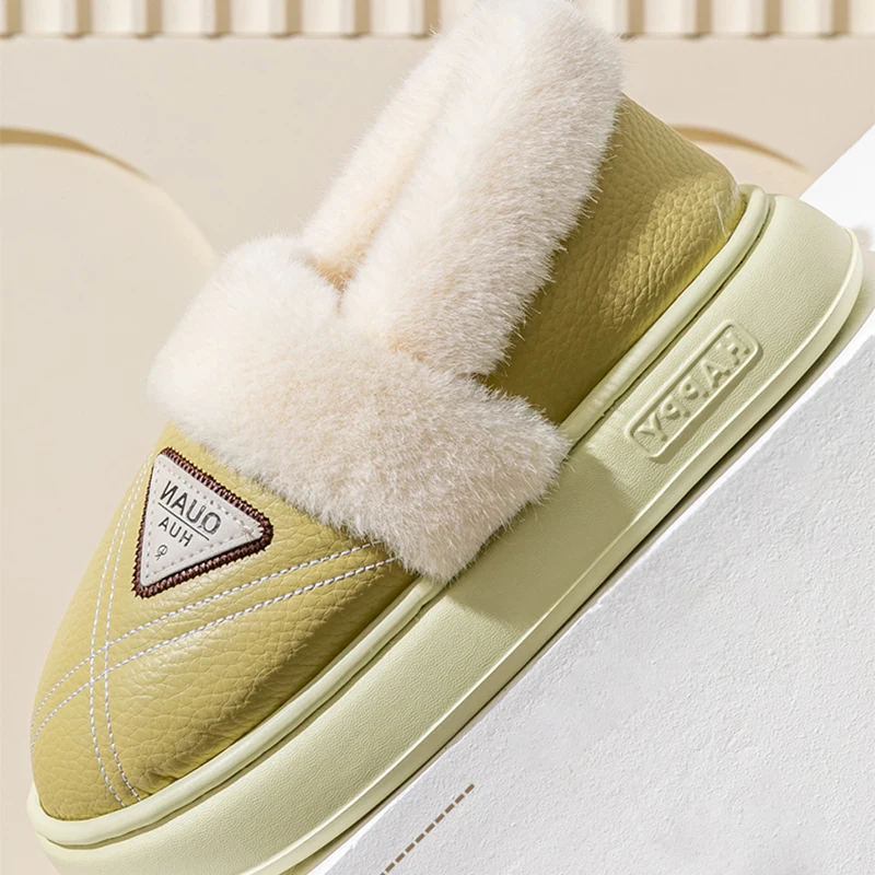 New Waterproof Cotton Slippers Women pu leather non slip winter shoes woman 2025 light thick bottom cotton living room shoes