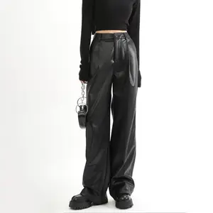 Stylish Women Cargo Pants High Waist Black Pants Button Pockets Design  Gothic Style Trousers Solid Color