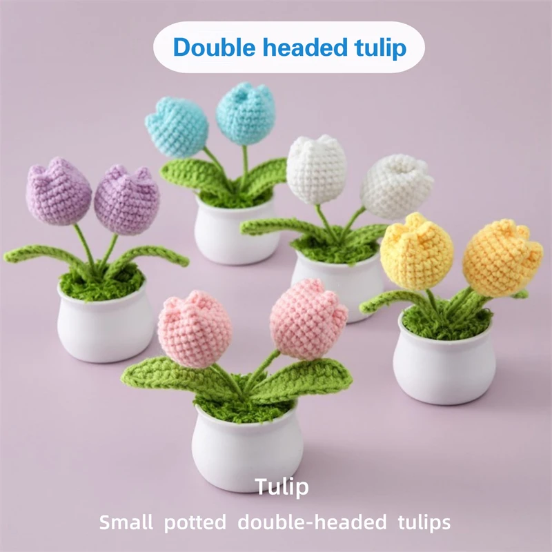 

Ручная работа, пряжа, цветок, двойная головка, тюльпан, маленькое Горшечное растение, готовый продукт, искусственное украшение, маленькие украшения
