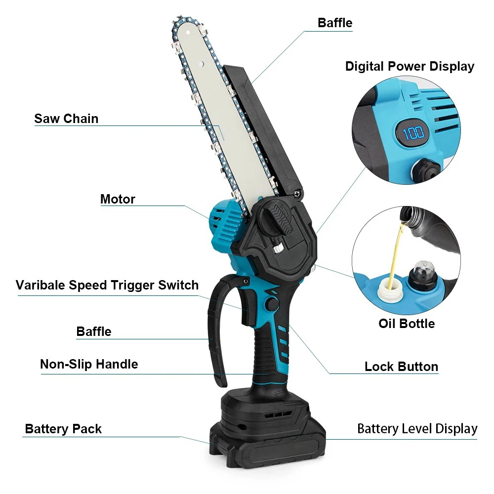 8 Inch Brushless Electric Chainsaw Cordless Rechargeable Woodworking Garden Pruning Saw Tool for Makita 18V Battery 6
