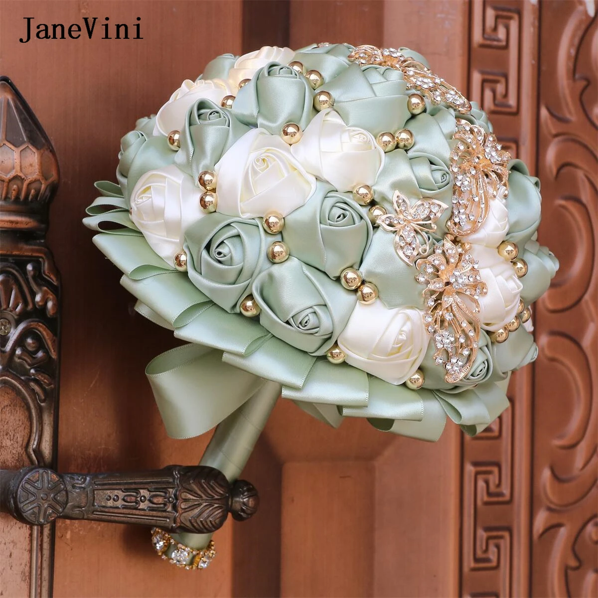 JaneVini Bling Gold Rhinestone Pearls Bridal Brooch Bouquets Sage Ivory Flowers Artificial Satin Roses Wedding Bouquet for Bride