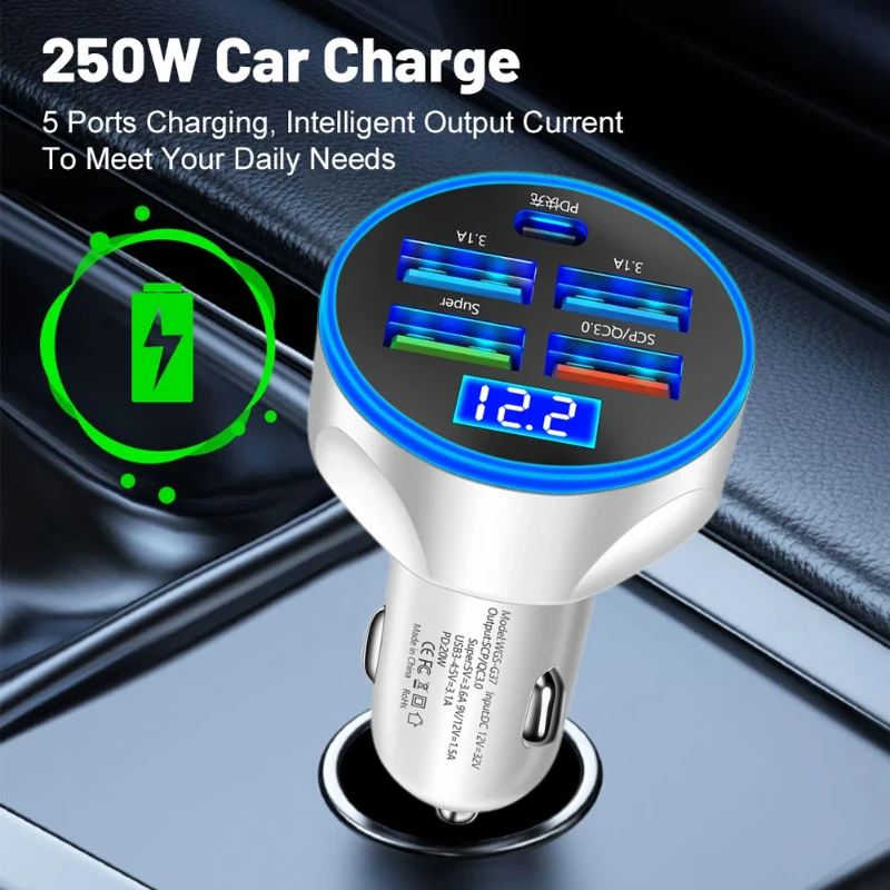 Mini Fast Car Charger LED 5 Ports USB Quick Charge