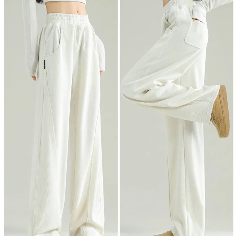 Women's Autumn Winter Solid Elastic High Waist Shirring Pockets Distressed Casual Wide Leg Loose Trousers Office Lady Pants