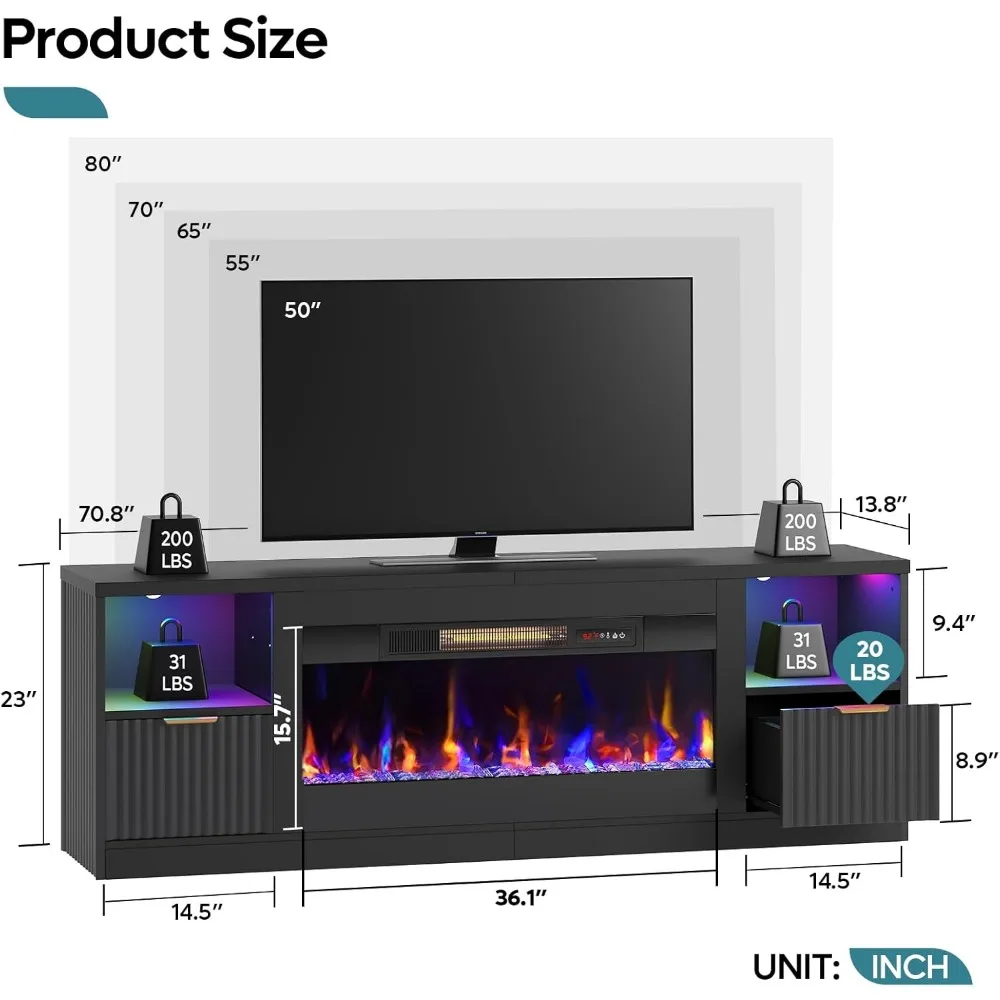 70” Fireplace TV Stand Modern Entertainment Center with 36" Electric Fireplace & LED Lights, Fluted Media TV Console Table 6