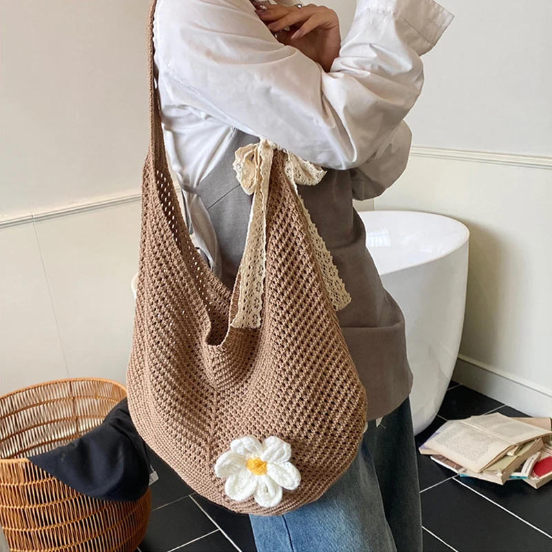 Korean Women's Hollow Woven Shoulder Bags Braided Bag Tote Bag Lazy Style Knitted Hollow Flower Summer Mesh Beach Bag