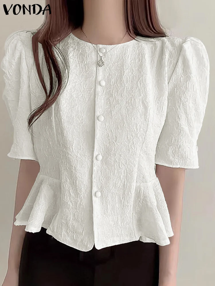 Women Shirts 2023 VONDA Summer Ruffled Tops Casual Loose Elegant Short Puff Sleeve Buttons Blouse Solid Color Blusas Femininas