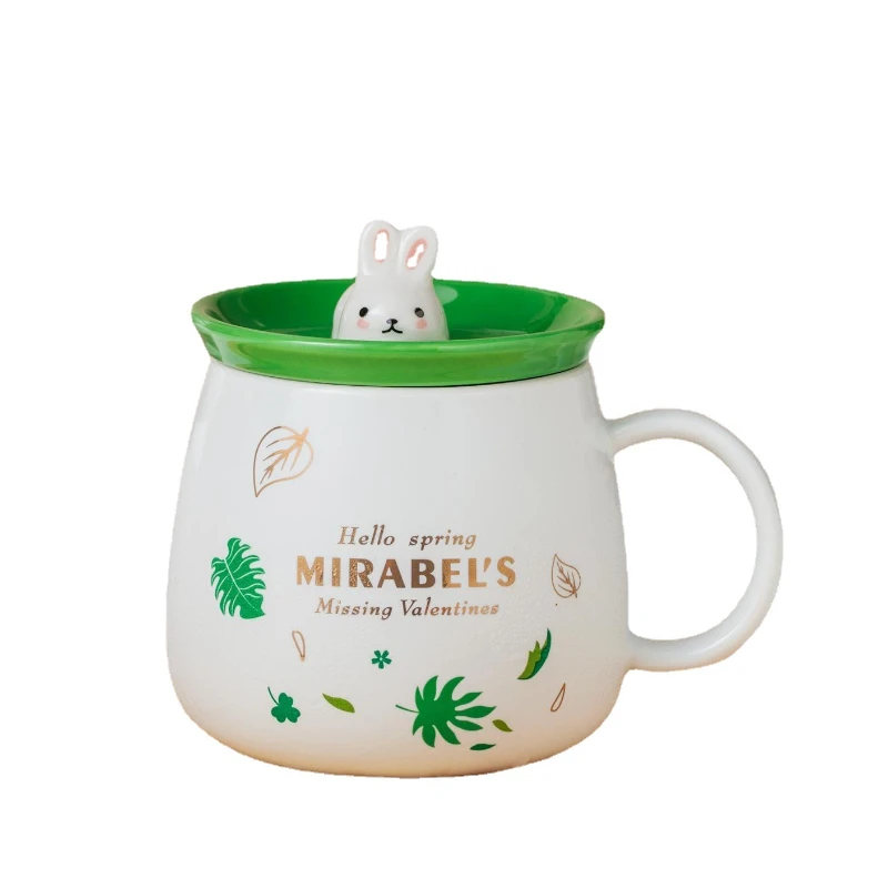 

380ML Girl's Home Office Water Cup White Rabbit Shaped Green leaf With a Student's Ceramic Mug кружка из нержавеющей стали