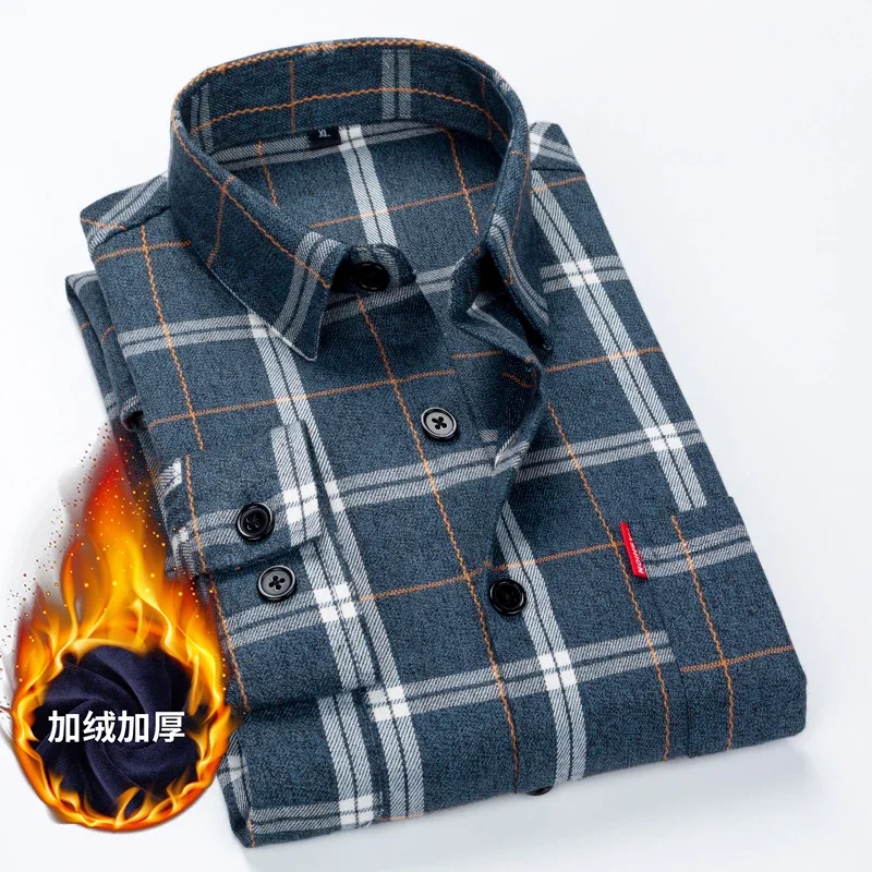 

2023 Winter New Fleece Thickening Fashion Handsome Business Casual Trend All Match Plaid Shirt Formal Single Breasted Shirts