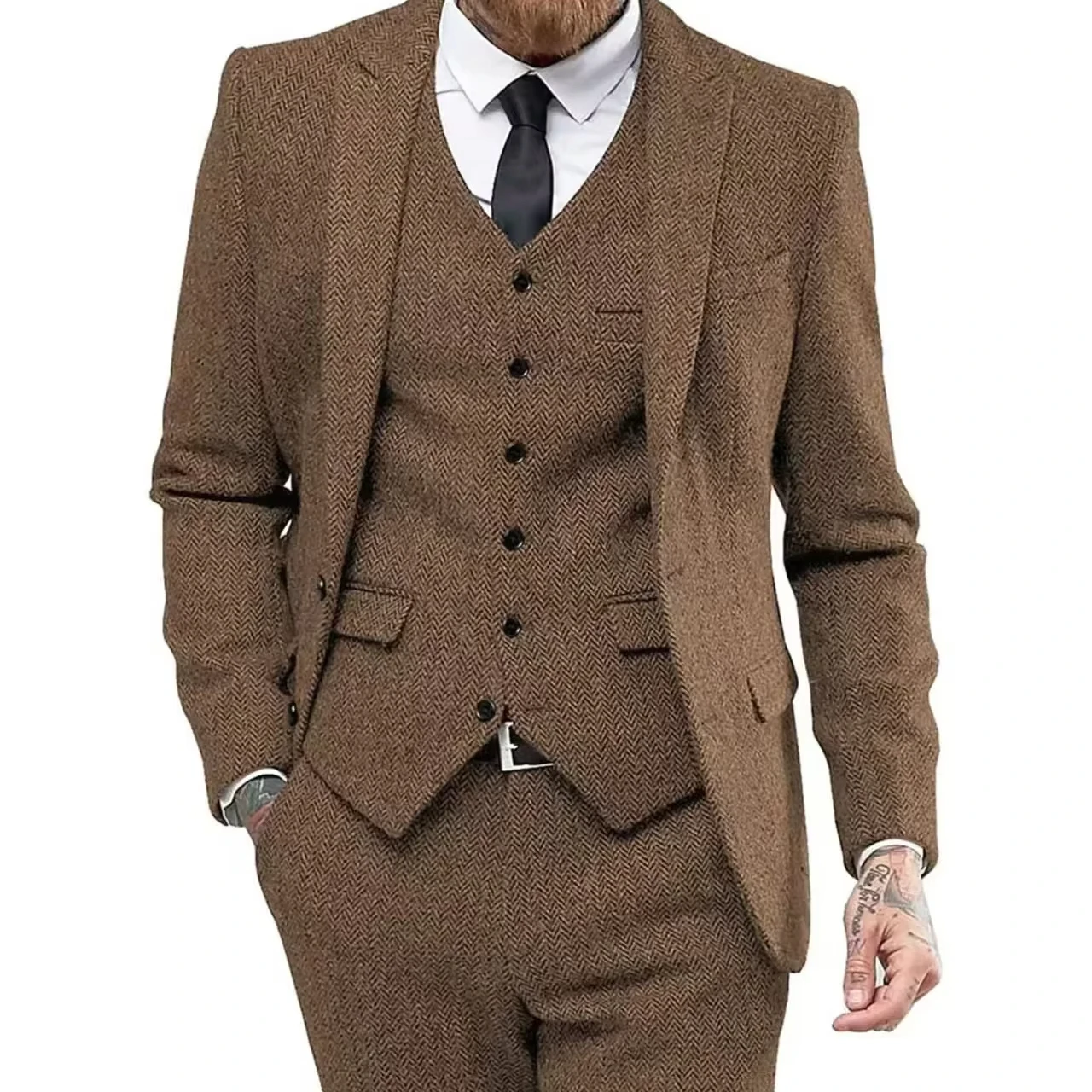 Blazer For Men Designs Brown Tweed Suit Men Vintage Winter Formal Wedding Suits For Men Men's Classic Suit 3 Pieces Men Suit - 5