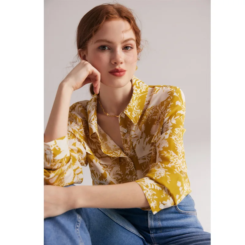 

Women's Blouses Tops Silk Floral Office Formal Casual Dress Shirts Plus Large Size Spring Summer Sexy Haut Femme Yellow Flower