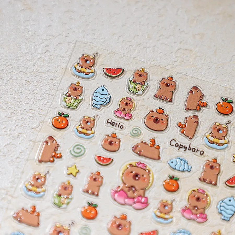 Lovely Cartoon Capybara Fish Watermelo 5D Soft Embossed Reliefs Self Adhesive Nail Art Stickers Cute Hamster 3D Manicure Decals