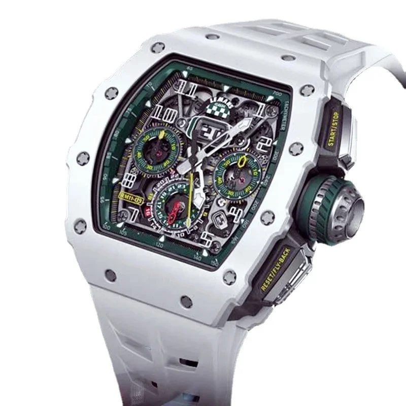 

Luxury New Men Automatic Mechanical Watch White Rubber Ceramic Flying Hollow Calendar Green Watches