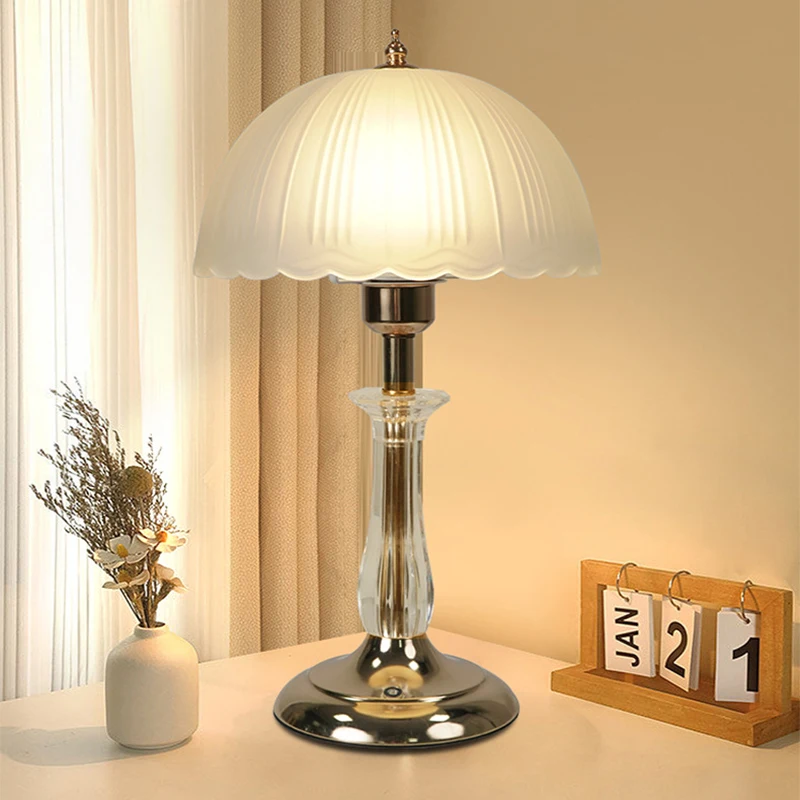 

Crystal Glass Desk Lamp Dimmable Transparent Glass Petal Table Light Umbrella Pleated Skirt Decorative Atmosphere LED Table Lamp
