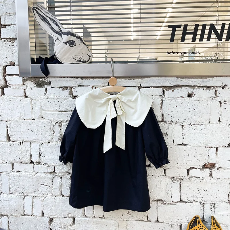 Girl Cotton Dress New Long Sleeved Toddler Baby Sigle Breasted Bow Black and White Dresses for Young Children Kids Clothes