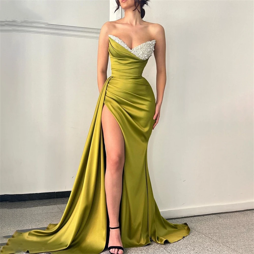 

2024 Sweetheart Neck Olive Green Sequin Prom Dresses Side Split Train Pleated Evening Gowns Party For Women Waist Corset Formal