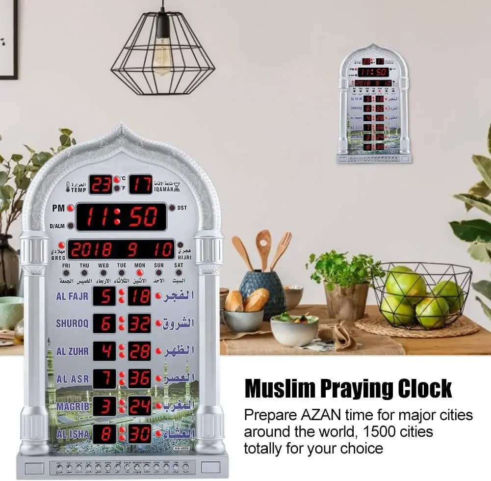 

Digital Azan Mosque Prayer Clock Islamic Mosque Azan Calendar Muslim Prayer Wall Clock Alarm Ramadan Home Decor + Remote Control