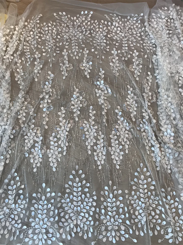 

African Tulle Lace Fabric Nigerian J-1302847 beads and sequins Lace Fabric For Sewing Wedding Party Dress Women
