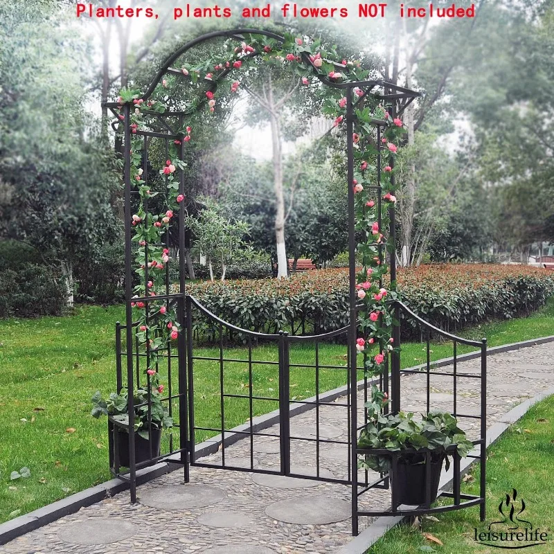 Steel Garden Arch Trellis with Gate, Planter Holders & Fence 3