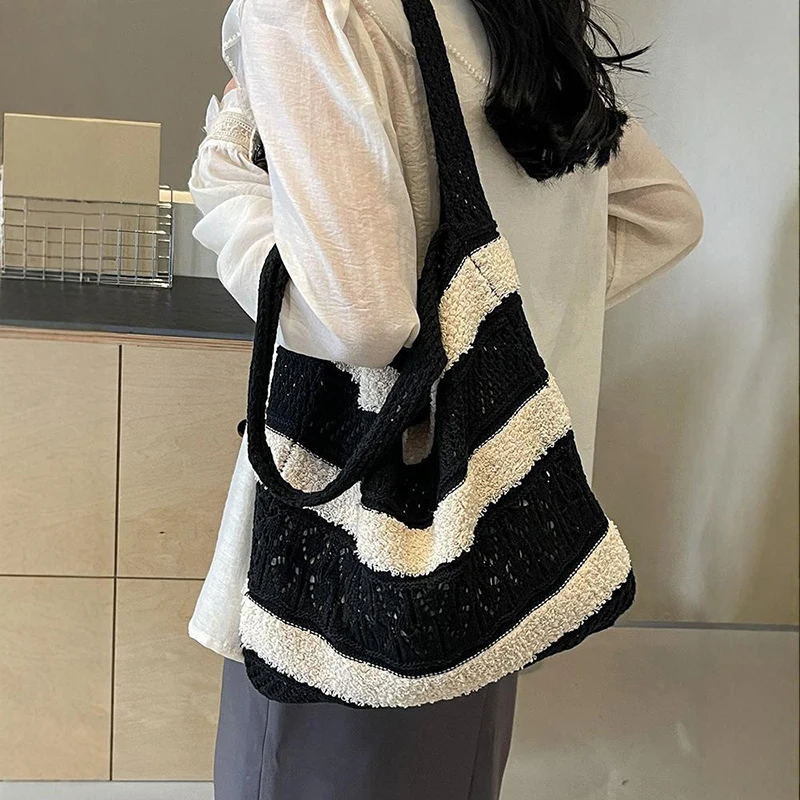 Fashion Vintage Colour Blocking Striped Knitted Hollow Tote Bag Large Capacity Shopping Shoulder Bag Handbag for Women