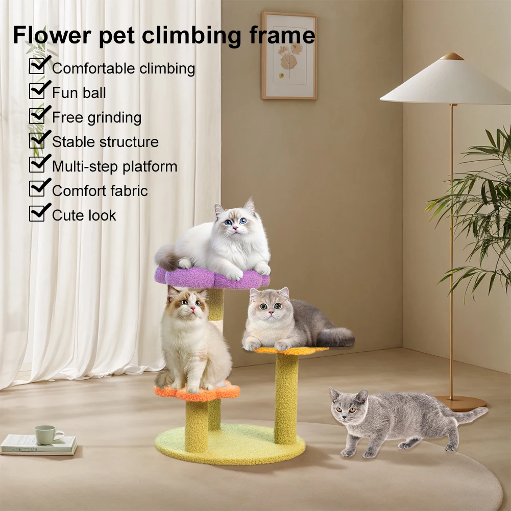 Flower Cat Tree Tower Cat Climbing Frame Multi-Function Cute Cat Tree 3 Layer Small Cat Tower for Playtime and Relaxation