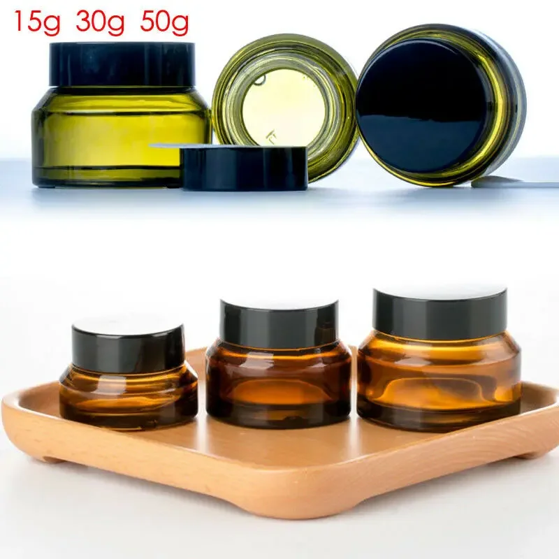 5Pack 15g 30g 50g Round Amber Glass Cosmetic Jars with Inner Liners and Black Lids Travel Jar Refillable Containers Makeup Cream 2