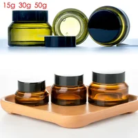 5Pack 15g 30g 50g Round Amber Glass Cosmetic Jars with Inner Liners and Black Lids Travel Jar Refillable Containers Makeup Cream 2