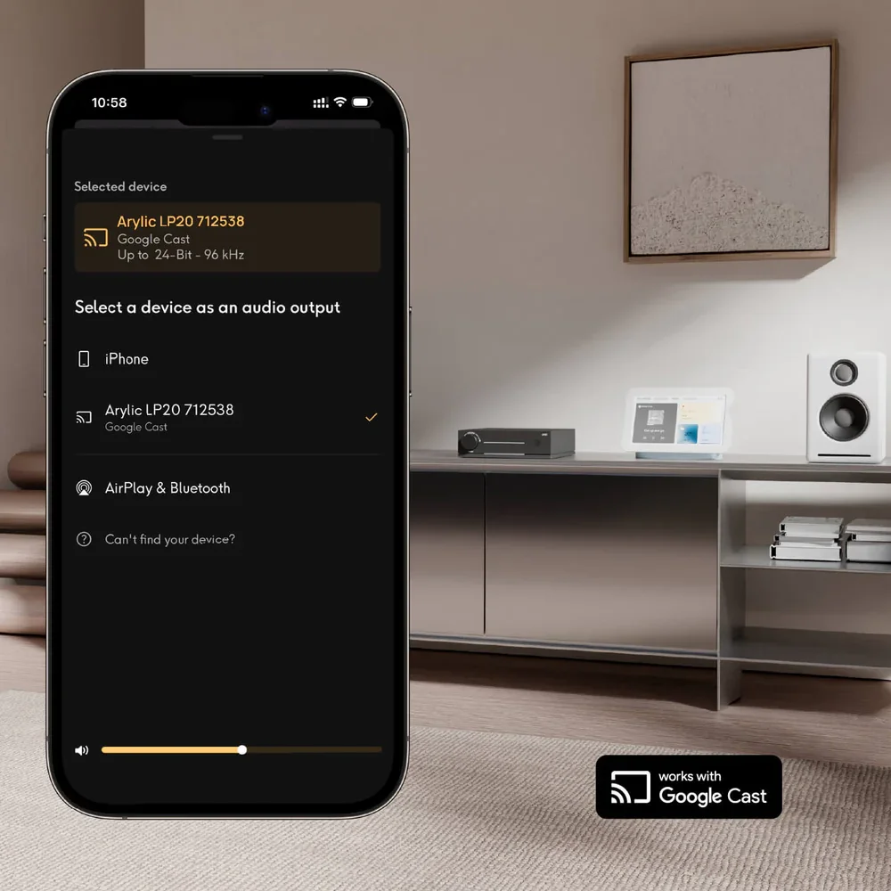 아릴릭 LP20 하이 레졸루션 스트리머 AKM DAC 블루투스 5.4 aptX HD AirPlay2 Spotify Tidal 듀얼 WiFi LAN 광케이블 멀티룸 오디오 리시버