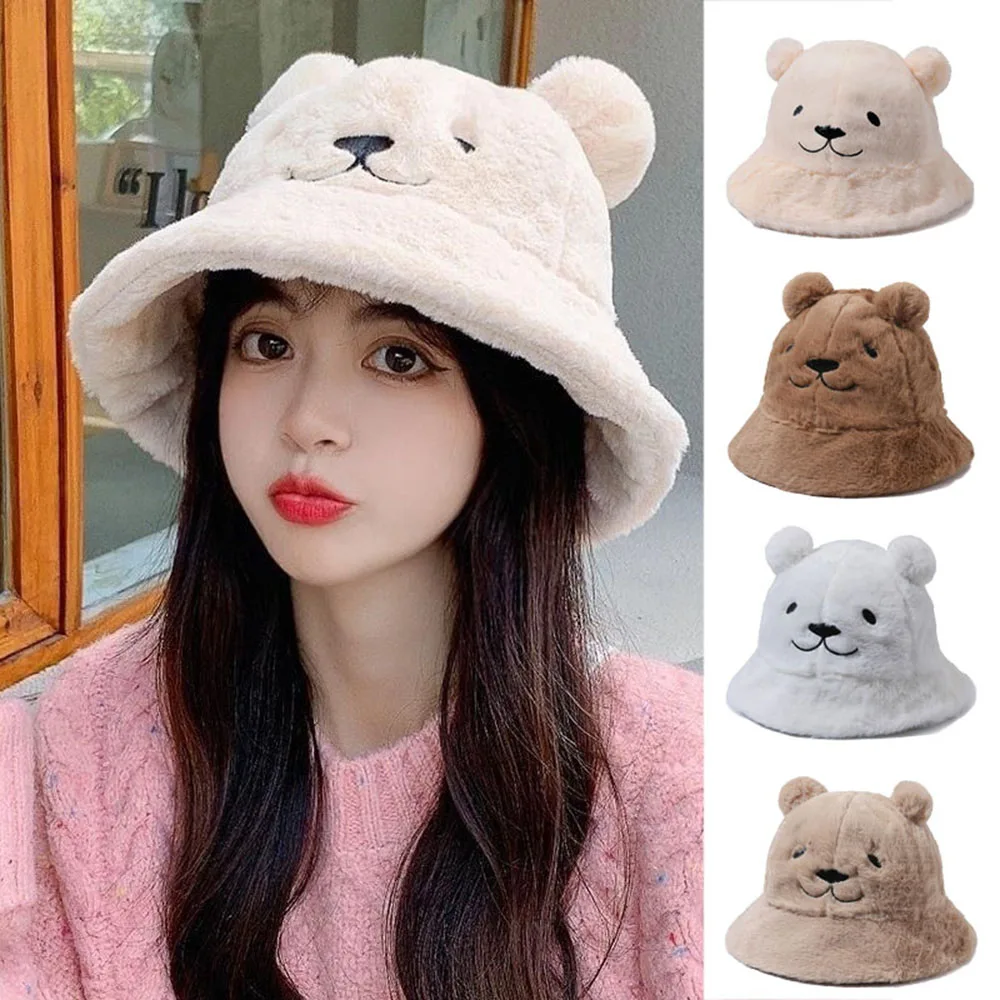 

2023 Fluffy Bucket Hat Women Rabbit Fur Warm Thick Plush Winter Hat Lady Luxury Fashion Furry Panama Cartoon Bear Fisherman Cap