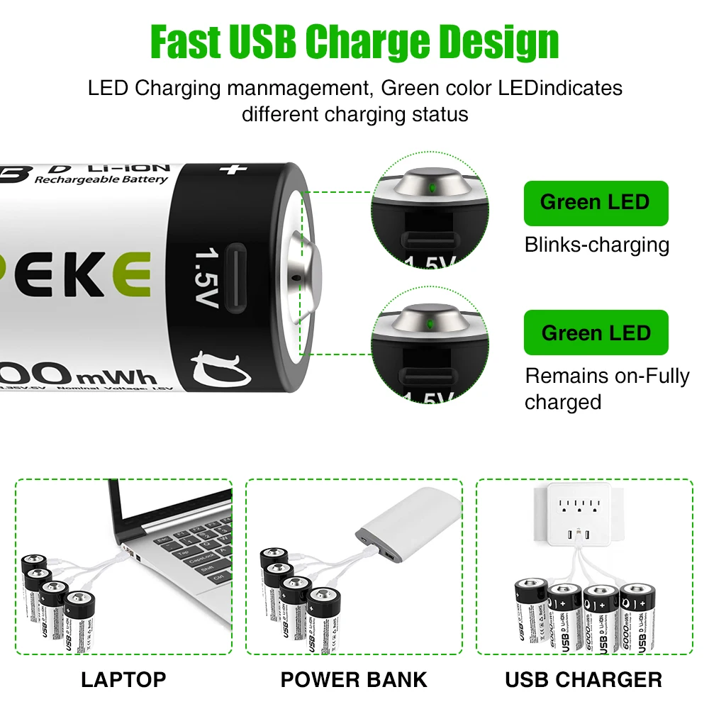 1.5V 6000mWh USB Rechargeable D Size Battery LR20 Lithium D-Cell For Gas Cooker Water Heater Flashlight Radios
