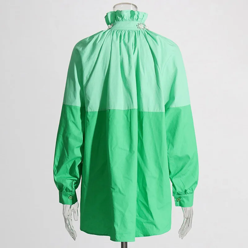 ECR Fashion Hit Color Blouses For Women Stand Collar Long Sleeve Spliced Diamonds Casual Loose Single Breasted Shirts Female New