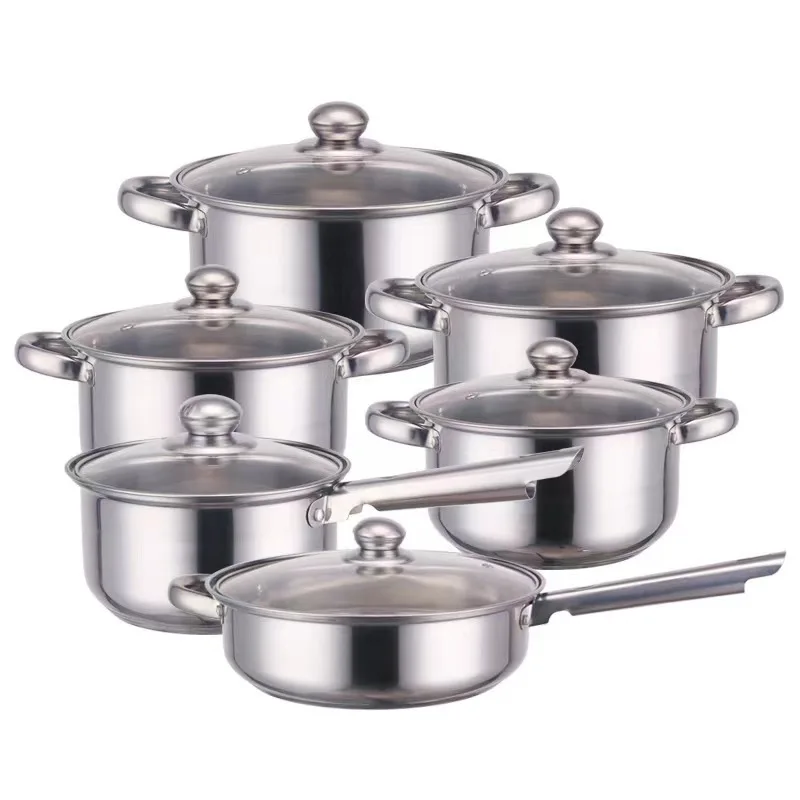Cross-border stainless steel set pot 12-piece set, bottom set pot thickened soup milk frying pan combination